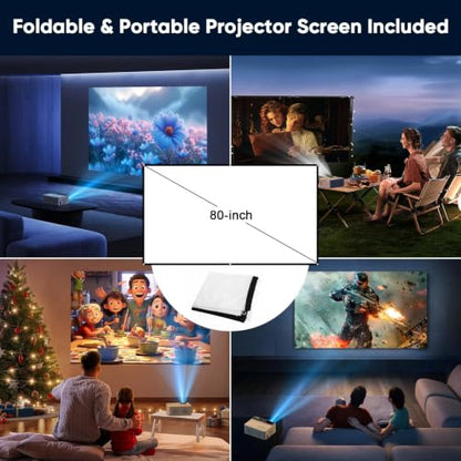 1080P Mini Portable Projector, 2-way Bluetooth, with 80in Screen