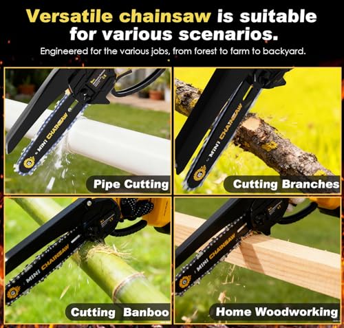 Mini Chainsaw Cordless 6 Inch – 21V Battery Powered Electric Pruning Saw, Lightweight Handheld Chainsaw for Tree Trimming Wood Cutting, Gifts for Men Dad, Yellow