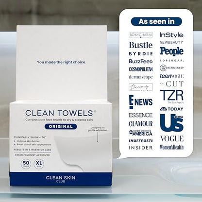 Clean Skin Club Clean Towels XL®, 100% USDA Biobased Face Towel, Disposable Face Towelette, Eczema Association Accepted, Makeup Remover Dry Wipes, Ultra Soft, 50 ct per pack, 6 Packs, 300 Ct Total