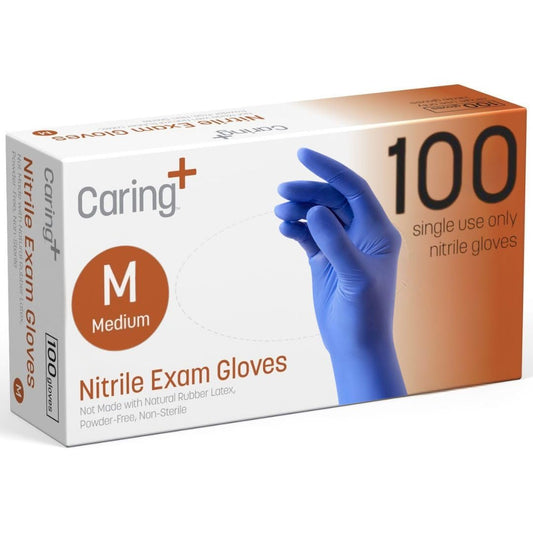 Caring Nitrile Exam Gloves (100ct), Powder Free and Not Made with Natural Rubber Latex, Gloves for Medical Use, Cleaning, Food Prep and More, Medium