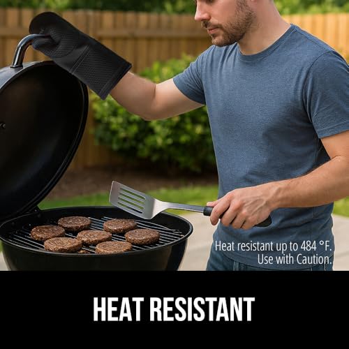 GORILLA GRIP Heat Resistant Durable Silicone Oven Mitts, BPA-Free Protective Grilling Potholders, Soft Cotton Lining, Flexible Waterproof Cooking Mitt Set, Kitchen Home Essentials, 12.5x8.3, Black