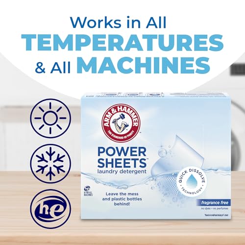 ARM & HAMMER Power Sheets Laundry Detergent, Fragrance Free, No Dyes or Perfumes, Lightweight and Travel-Friendly, 35 Count, Up to 70 Small Loads