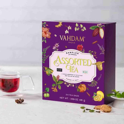 VAHDAM, Assorted Valentines Day Tea Gift Set | Classic Gift Box - 24 Unique Flavor in Individually Wrapped Pyramid Tea Bags | Valentines Day Gifts for Him & Her