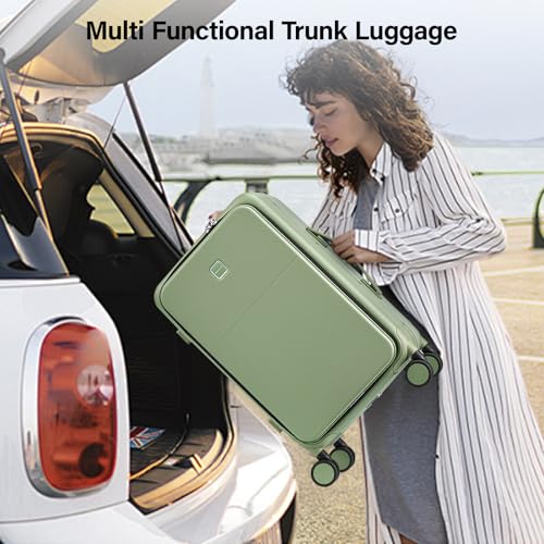 Hanke 28 Inch Luggage with Cup Holder and Charge,Top Opening Hard Shell Suitcases with Wheels and Dividers,Aluminum Frame Trunk Luggage Extra Large Suitcase with Lock for Travel，Bamboo Green