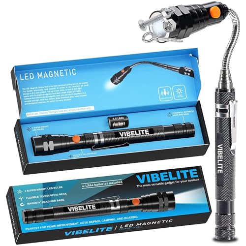 VIBELITE Extendable Magnetic Flashlight with Telescoping Magnet Pickup Tool - Fathers Day Dad Gifts for Husband, Dad, Men, Women, Him, Mechanic, Birthday Gifts for Men, Cool Gadget, Black