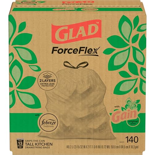 Glad Tall Kitchen Trash Bags 13 Gallon, Gain Original Garbage Bags, Odorshield with Drawstring, 140 Count