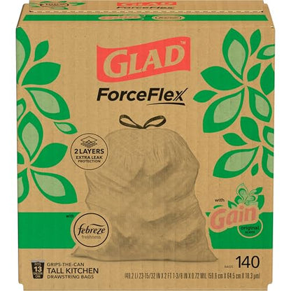 Glad Tall Kitchen Trash Bags 13 Gallon, Gain Original Garbage Bags, Odorshield with Drawstring, 140 Count