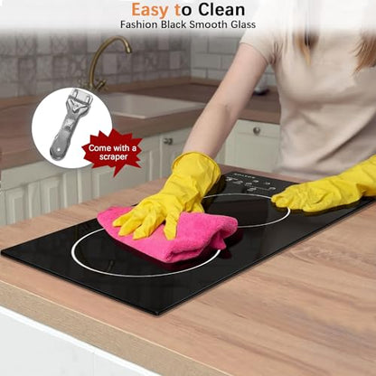 Noxton 110V Electric Cooktop 2 Burners, 12 Inch Electric Stove,Counter top Burner & Built-in Ceramic Stovetop, Sensor Touch Control Timer, Child Safety Lock, High Temperature Warning