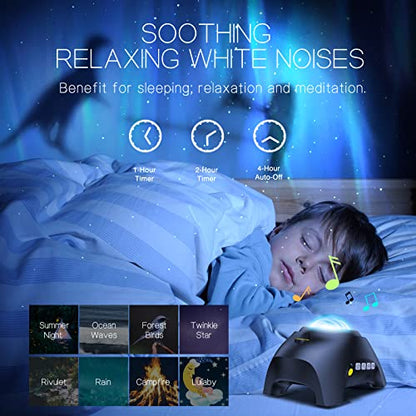 Northern Galaxy Light Aurora Projector with 33 Light Effects, Night Lights LED Star Projector for Bedroom Nebula Lamp, Remote Control, White Noises, Bluetooth Speaker for Parties Black