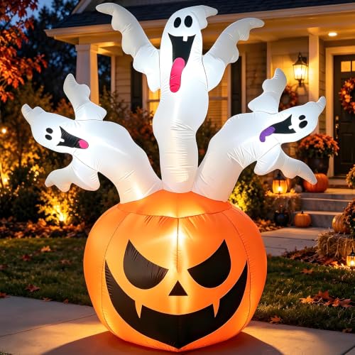 Bajree 6 FT Halloween Inflatable Pumpkin with 3 Ghosts for Outdoor Decor | Halloween Blow Ups Pumpkin Decor with Ghosts, Fast Inflation, LED Lights for Yard, Lawn, Garden and Parties