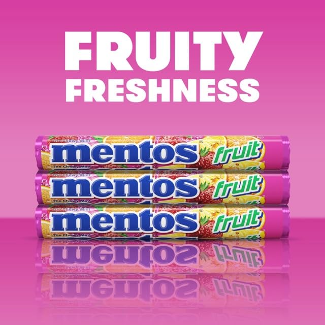 Mentos Candy, Mint Chewy Candy Roll, Fruit, Non-Melting, Holiday, Party, Concessions, Office, 14 Pieces (Bulk Pack of 15) - Packaging May Vary
