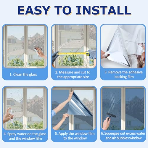 One Way Privacy Window Film with 4 Tools, Static Cling Window Film, Simple to Install Cut and Remove, UV Blocking Heat Control, Light Blocking for Home Office Windows(Blue-Silver-31.49Inch×78.7Inch)