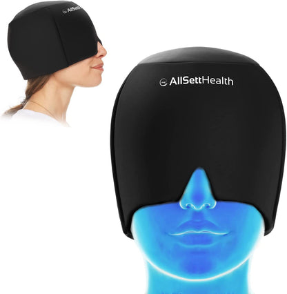 Migraine Relief Cap Ice Head Wrap and Hat | Hot/Cold Gel Pack With Face and Eye Mask Compress for Headache Relief - Black - FSA HSA Eligible