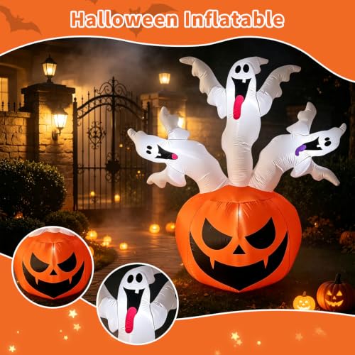 Bajree 6 FT Halloween Inflatable Pumpkin with 3 Ghosts for Outdoor Decor | Halloween Blow Ups Pumpkin Decor with Ghosts, Fast Inflation, LED Lights for Yard, Lawn, Garden and Parties