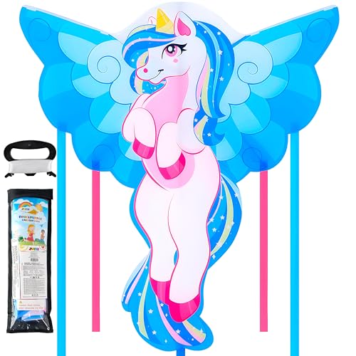 JOYIN 43.3'' Blue and Purple Unicorn Kite Easy to Fly for Kids and Adults with 328ft String, Large Beach Kite for Outdoor Games and Activities