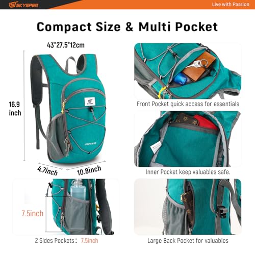 SKYSPER 15L Foldable Hiking Backpack Lightweight Packable Travel Daypack with Chest Strap Small Outdoor Folding Back Pack Collapsible Bag for Women Men (Cyan)