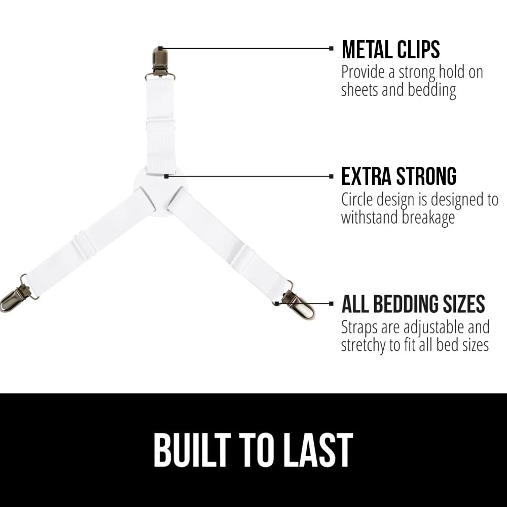 GORILLA GRIP Bed Sheet Straps, Adjustable Elastic Fasteners with Metal Clips, Keep in Place Fitted Bedding Holder, Easy Install Suspenders Mattress, Firm Tight Accessories, 4 Pack White