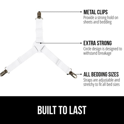 GORILLA GRIP Bed Sheet Straps, Adjustable Elastic Fasteners with Metal Clips, Keep in Place Fitted Bedding Holder, Easy Install Suspenders Mattress, Firm Tight Accessories, 4 Pack White
