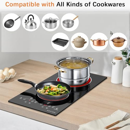 Noxton 110V Electric Cooktop 2 Burners, 12 Inch Electric Stove,Counter top Burner & Built-in Ceramic Stovetop, Sensor Touch Control Timer, Child Safety Lock, High Temperature Warning