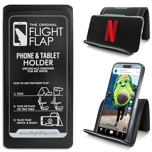 Flight Flap Airplane Phone Holder, Flexible Cell Phone Holder, Folding Cellphone Stand for Desk, Bed, Office, Treadmill - Airplane Gadgets for Long Travel Accessories - Plane Essentials (Black)