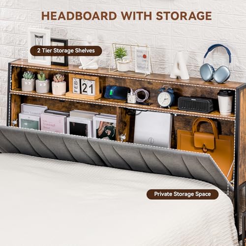 COMHOMA Queen Size Platform Bed Frame with LED Lights and Charging Station, Storage Headboard and Footboard Drawers, No Box Spring Needed, Rustic Wood Look