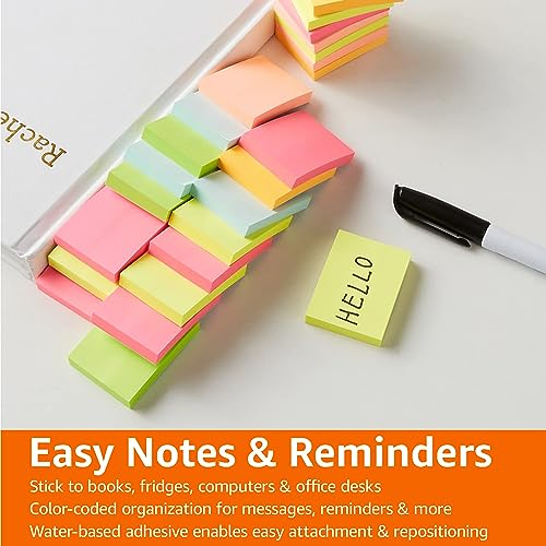 Amazon Basics Mini Rectangular Sticky Notes, 1.5x2 Inches, Bright Colors Self-Stick Pads, Easy to Post for Home, Office, Notebook, 70 sheets/Pad, Pack of 24