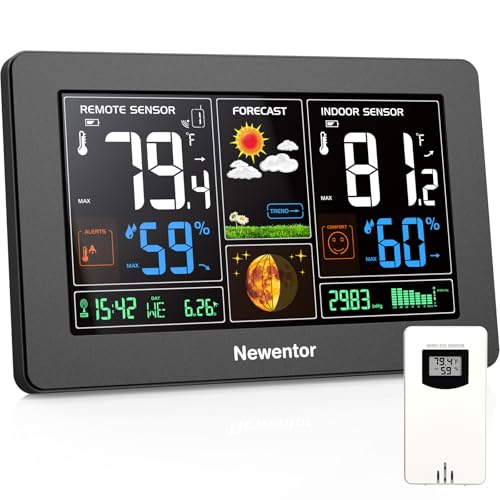 Newentor Weather Station Wireless Indoor Outdoor Thermometer, Black,1Sensor | Color Display Digital Weather Thermometer with Atomic Clock, Barometric Pressure, Forecast Station, Adjustable Backlight