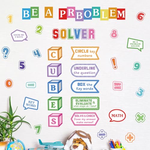 LHIUEM Math Problem Solver Wall Decals 35"X24" Colorful Math Classroom Peel and Stick Wall Stickers Strategy Steps Bulletin Board Decor Removable Self Adhesive Educational for Elementary Classroom