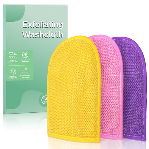 African Net Sponge Exfoliating Gloves, 3-Pack Bath Mitts for Deep Cleaning & Dead Skin Removal, Assorted Colors (Pink, Yellow, Purple)