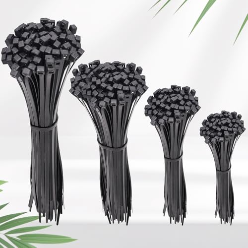 250Pack Black Cable Zip Ties Assorted Sizes 4'' 6'' 8'' 12'' Plastic Wire Ties Cable Cord Management for Office, Home, Garden