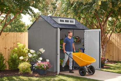 Rubbermaid Resin Outdoor Storage Shed With Floor (7 x 7 Ft), Weather Resistant, Gray, Organization for Home/Backyard/Garden Tools/Lawn Mower/Bike Storage/Pool Supplies