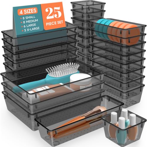 SpaceHacks 25 PCS Plastic Drawer Organizer Set, 4-Size Versatile Organizer Tool Trays & storage Bins for Makeup, Jewelry, and Gadgets in Bathroom, Bedroom and Office, Clear Black