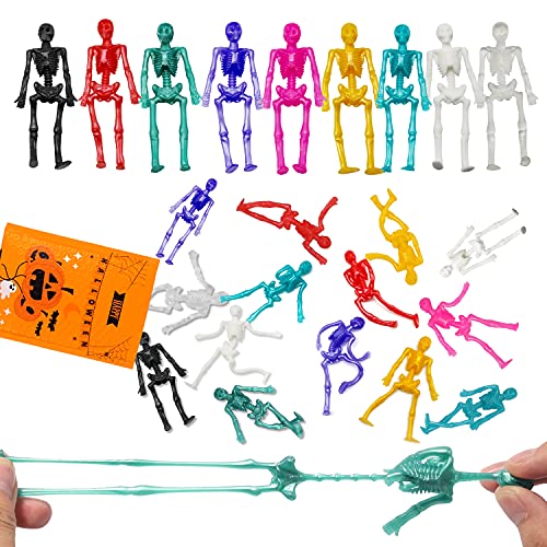JOICEE 24PCS Halloween Stretchy Skeleton Toys Squishy Skeleton Toys | Assorted Color Stretchy Skull Squishy Toys for Kids Boys Girls Party Favors Halloween Goody Bag Fillers Halloween Sticky Toys