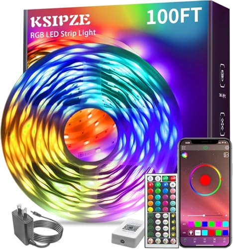 KSIPZE 100ft Led Strip Lights RGB Music Sync Color Changing Led Lights with Smart App Control Remote Led Lights for Bedroom Room Lighting Flexible Home Decor