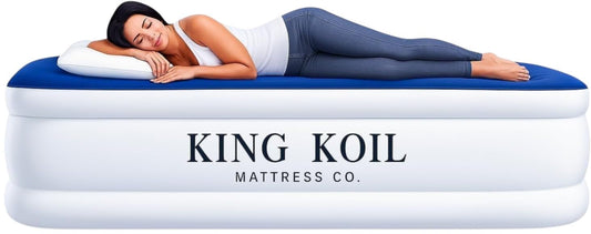 King Koil Luxury Queen Air Mattress with Built-in Pillow & Ultra-Fast Built-in High-Speed Pump, 20″ Inflatable Premium Airbed, Waterproof, Adjustable Firmness, 1-Year Manufacturer Warranty