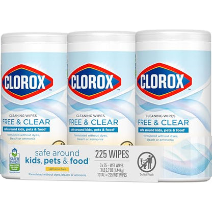 Clorox Free & Clear Cleaning Wipes, Light Lemon Scent, 75 Count, Pack of 3 (Pack May Vary)