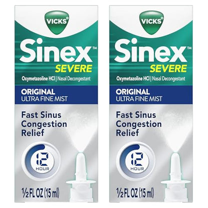 Vicks Sinex SEVERE Nasal Spray, Original Ultra Fine Mist, Decongestant Medicine, Relief from Stuffy Nose due to Cold or Allergy, & Nasal Congestion, Sinus Pressure Relief, 265 Sprays x 2