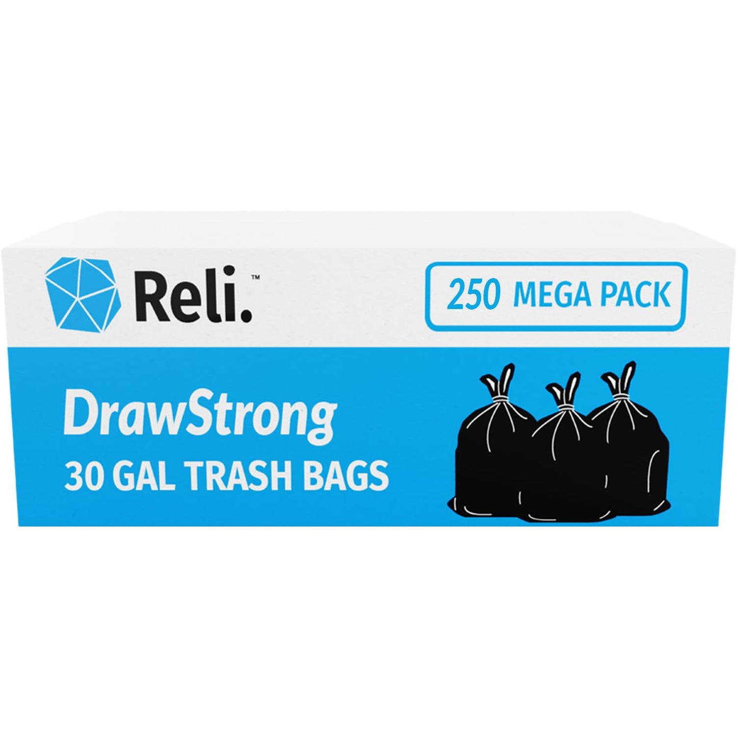 Reli. 30 Gallon Trash Bags Drawstring | 250 Count Bulk | Black | 30 Gallon Garbage Bags Heavy Duty | Large
