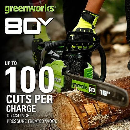 Greenworks 80V 18" Brushless Cordless Chainsaw (Great for Tree Felling, Limbing, Pruning, and Firewood) / 75+ Compatible Tools), Tool Only, Black & Green