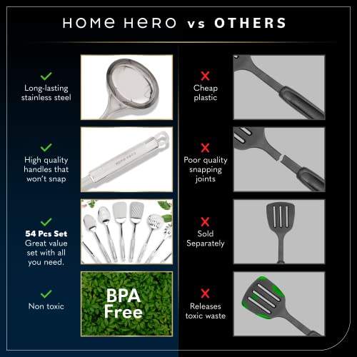 Home Hero 54-Piece Stainless Steel Kitchen Utensils Set - Heat-Resistant Nonstick Silicone & Stainless Steel Cooking Utensils - Complete Tools with Slotted Spoon & Pasta Spoon - Pack of 54, Silver