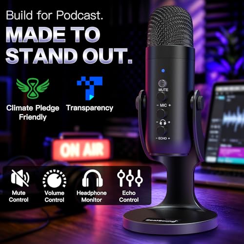 ZealSound Podcast Microphone for PC, Noise Cancellation USB Mic with Gain, Volume Adjustment & Mute Button, Monitoring & Echo, for YouTube, TikTok, Podcasting, Streaming, iPhone, iPad, Android, Mac