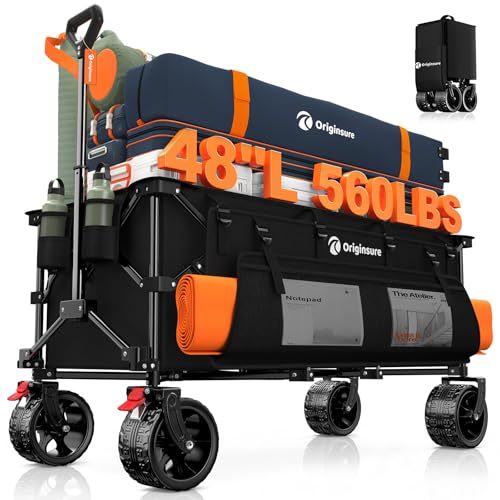 48" L Collapsible Wagon Cart Foldable, 560lbs Weight Capacity 300L Heavy Duty Folding Beach Wagons with Big All-Terrain Wheels, Utility Carts for Groceries, Shopping, Camping, Sports - Black