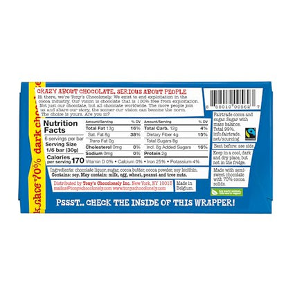 Tony's Chocolonely - 70% Dark Chocolate Bar - Belgium Chocolate, No Artificial Flavoring, Fairtrade & B Corp Certified - 6.35 Oz