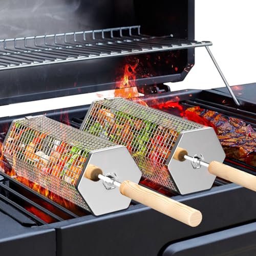 ivtivfu Rolling Grill Basket, Removable Wooden Handle, 304 Stainless Steel, Nesting Grilling Tools, Smoker BBQ Accessories for Vegetable, Outdoor Cooking Camping, Birthday Gifts for Men Dad Husband