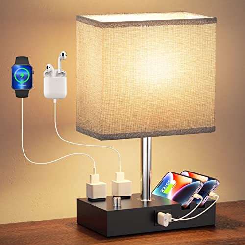 Bedside Table Lamp for Bedroom Nightstand - Stepless Dimmable, 2 AC Outlets