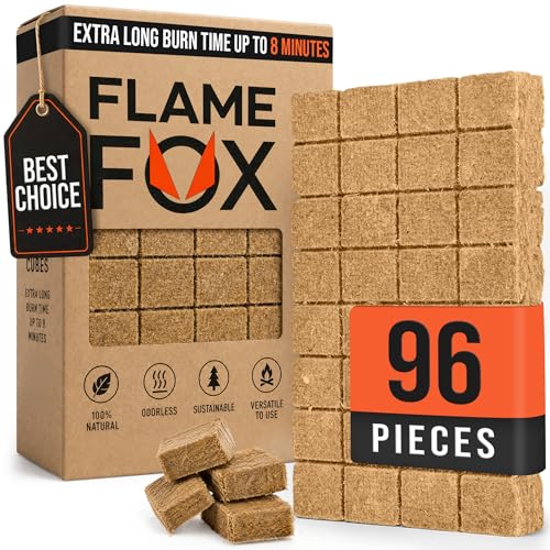 FlameFox Fire Starter Cubes 96 pcs - Quick Natural Fire Starters for Campfires, BBQ Grill, Fireplace, Fire Pit, Wood Stove, Charcoal & Kindling - Odorless, Waterproof, Long Burning Squares