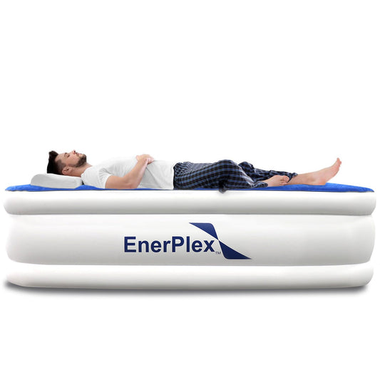 EnerPlex Queen Air Mattress with Built in Pump - 15" Luxury Size Self-Inflating Blow Up Mattress with Neck Support - Inflatable Air Bed for Portable Travel & Home Use (Blue/White)