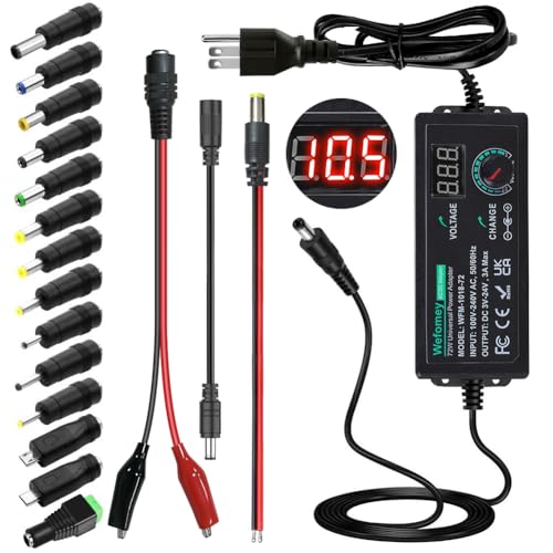 Universal Power Supply 3V~24V 3A 72W Adjustable Variable 3V 5V 6V 9V 12V 15V 18V 20V 24V AC/DC Adapter Charger, 100V-240V AC to DC Converter with 14 Tips and Polarity Converter