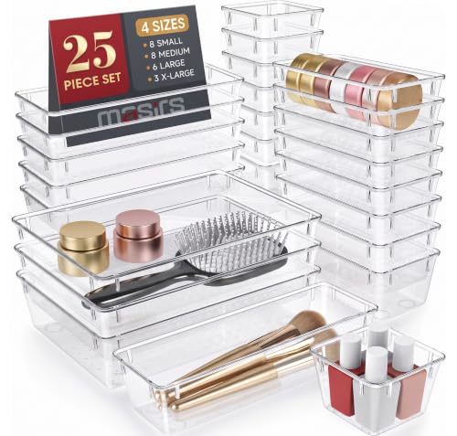 Masirs Clear Drawer Organizers Set 25 PCS – Plastic Storage Bins for Desk, Kitchen, Bathroom, Vanity – Modular, Stackable, Non-Slip Drawer Organizer Trays for Makeup, Utensils, Office Supplies