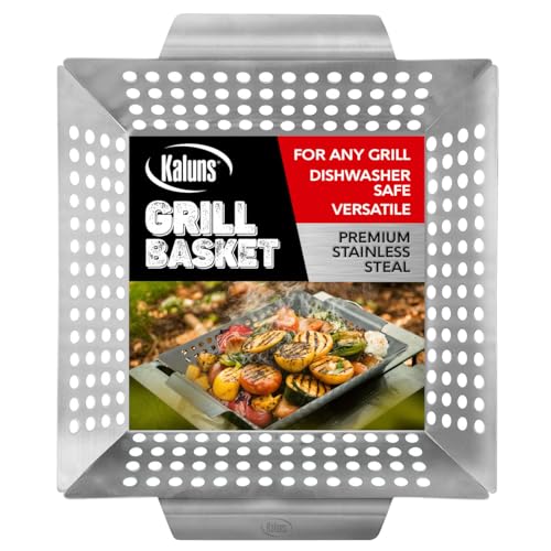 Kaluns Heavy Duty Stainless Steel Vegetable Grill Basket, Rectangular, Silver, Dishwasher Safe Grills and Vegetables